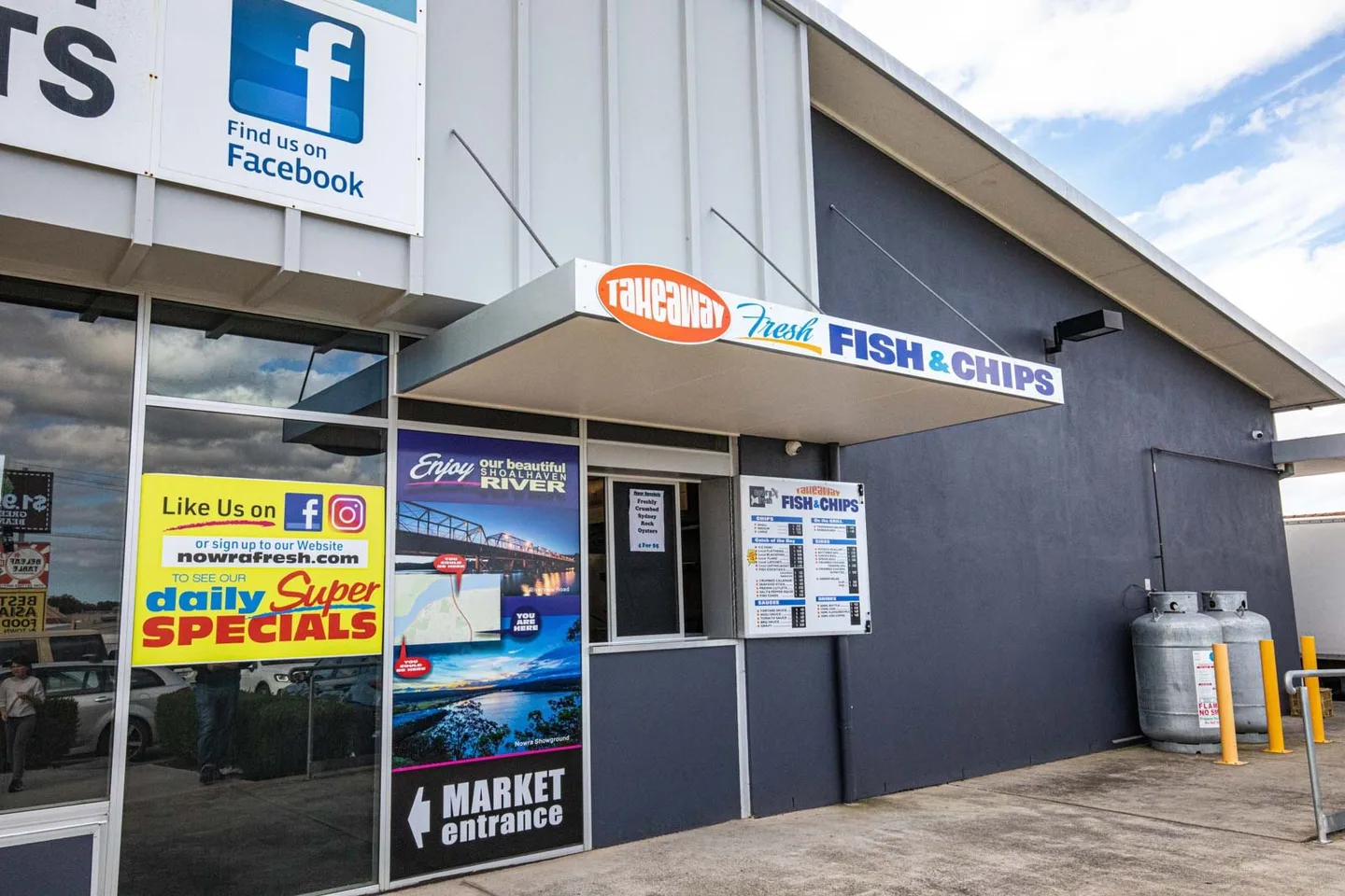 The Nowra Fresh takeaway shopfront with its Fish & Chips signage and specials board
