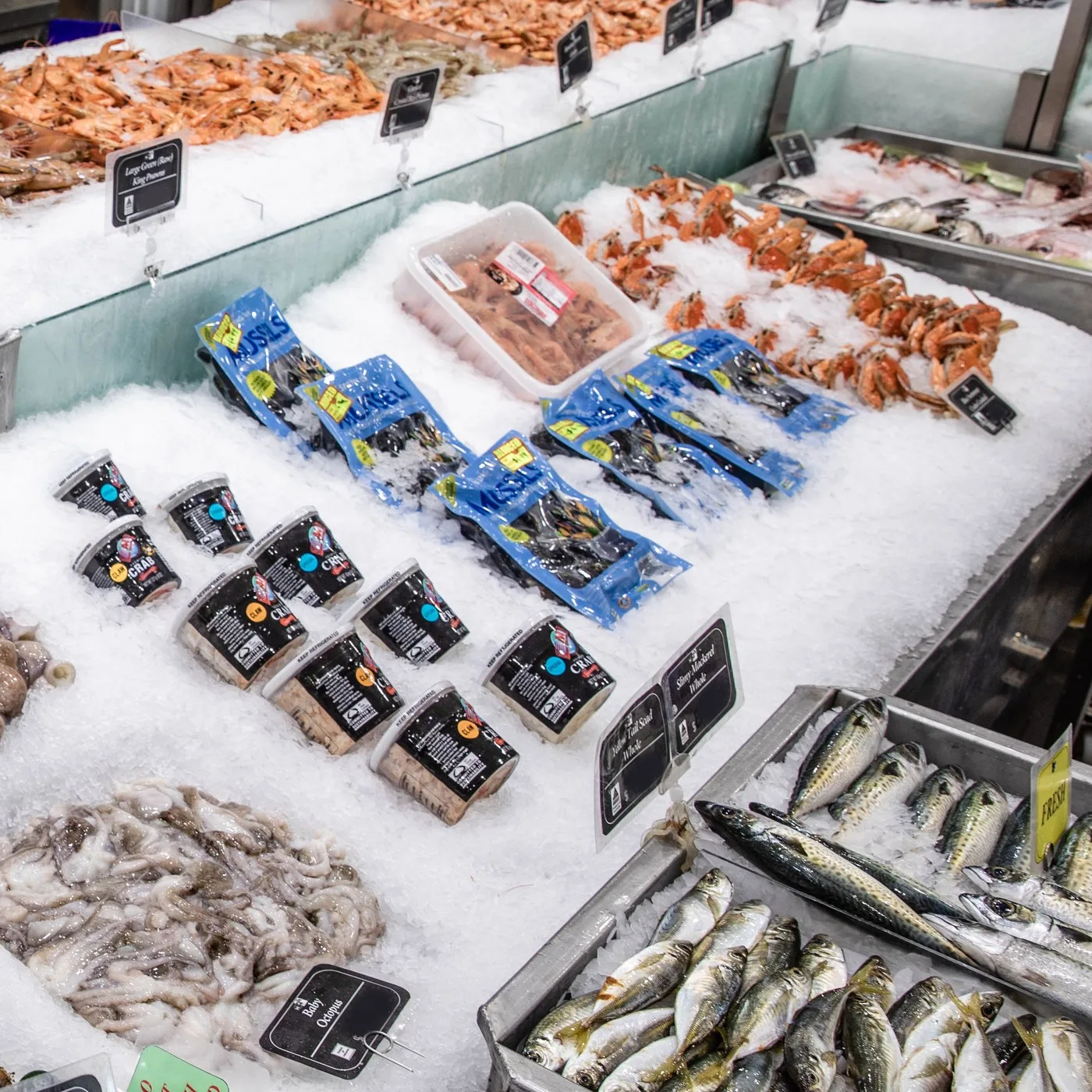 Vacuum packed and tubbed seafood laid out on crushed ice, with prawns and sardines behind